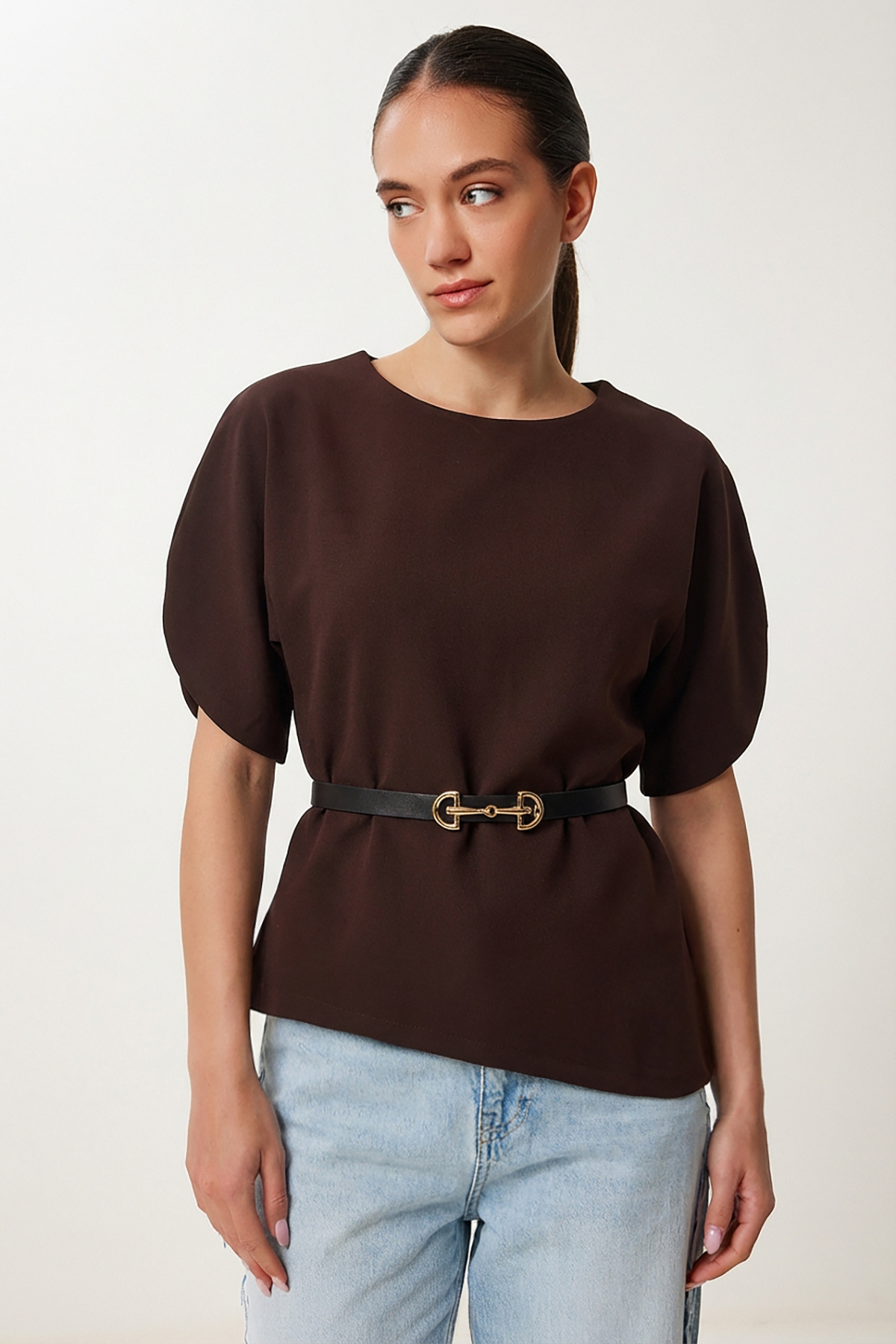 Lovelyİstanbul  Kemerli Asimetrik Dokuma Bluz LZH0025 KAHVERENGİ - Görsel 2