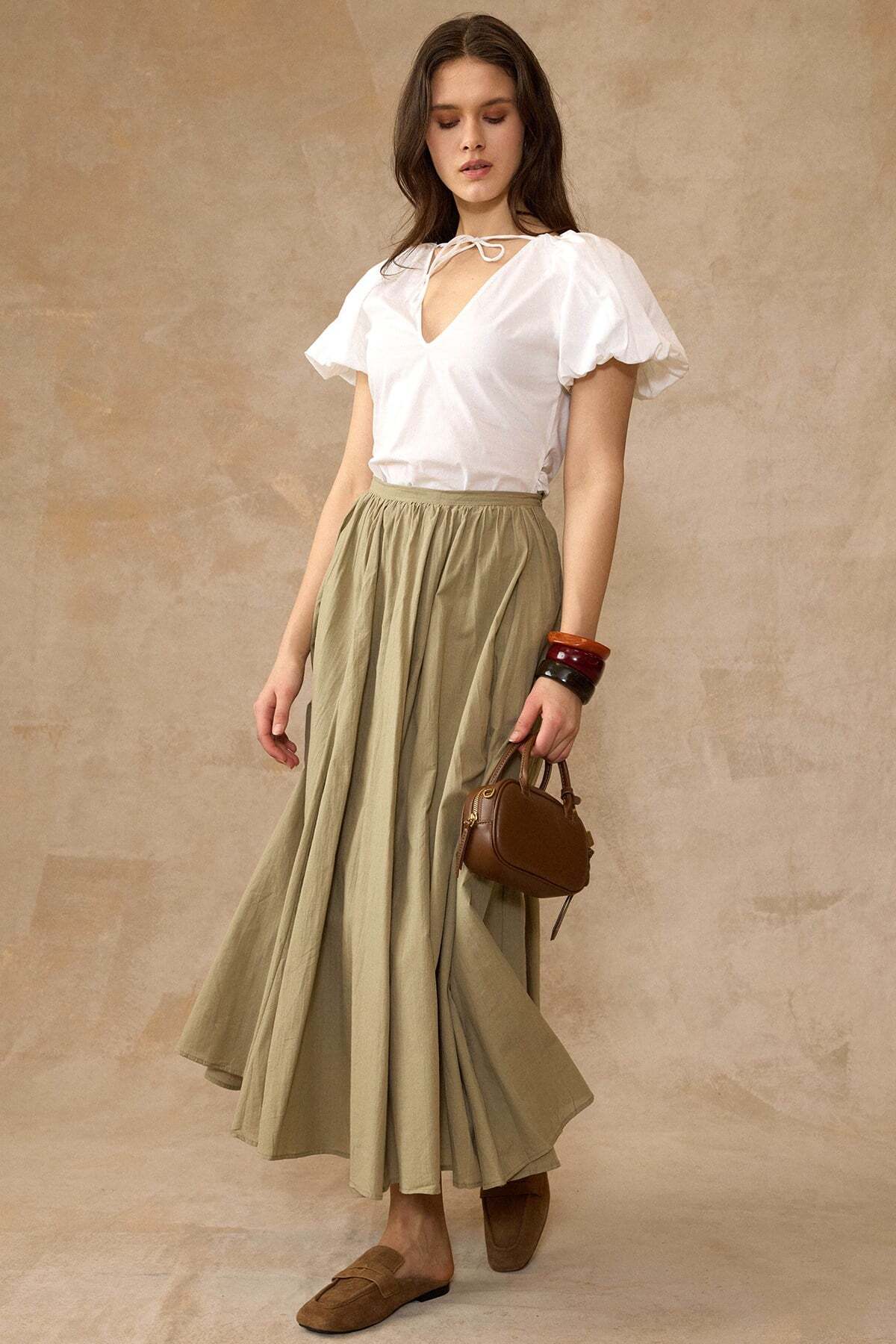 Olcay  Beli Büzgülü Poplin Kloş Etek HAKİ 7072 - Görsel 4