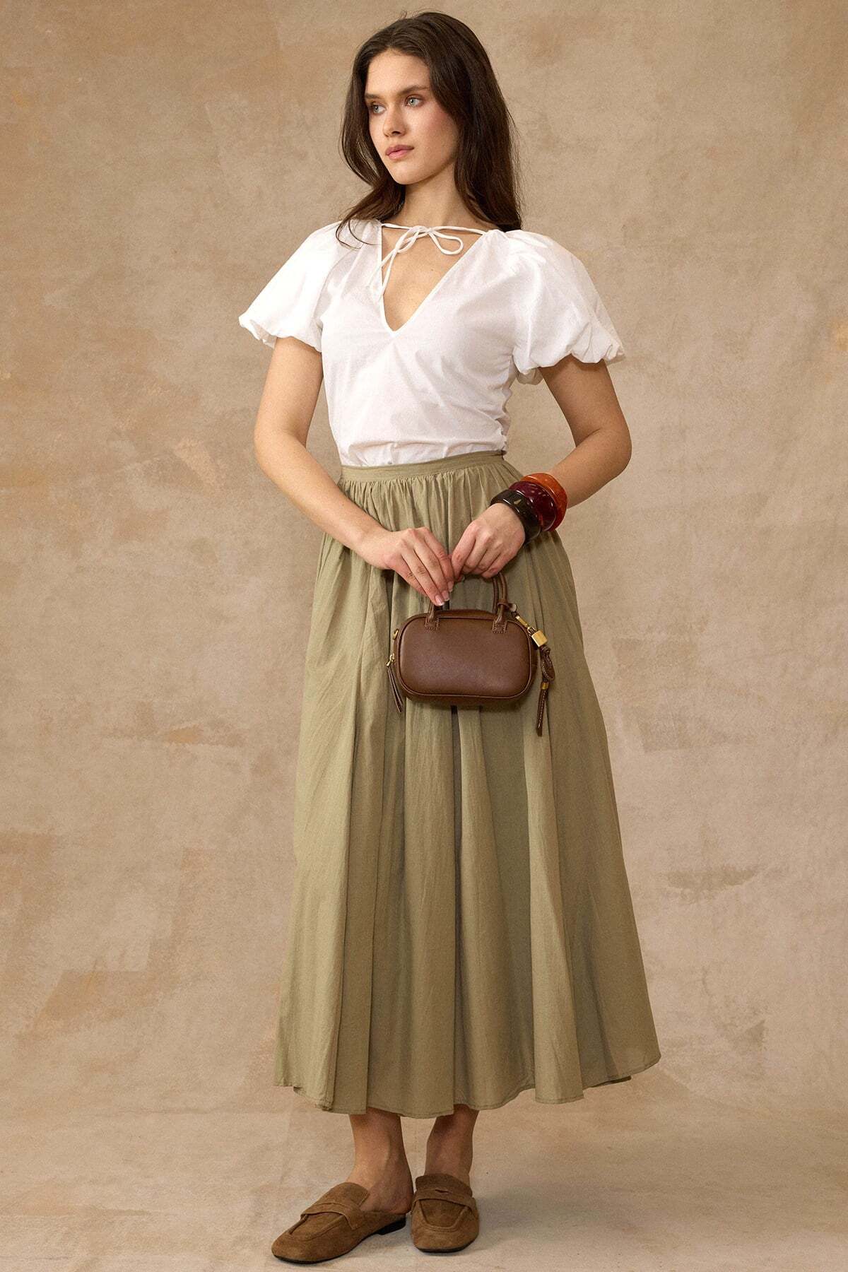 Olcay  Beli Büzgülü Poplin Kloş Etek HAKİ 7072 - Görsel 3