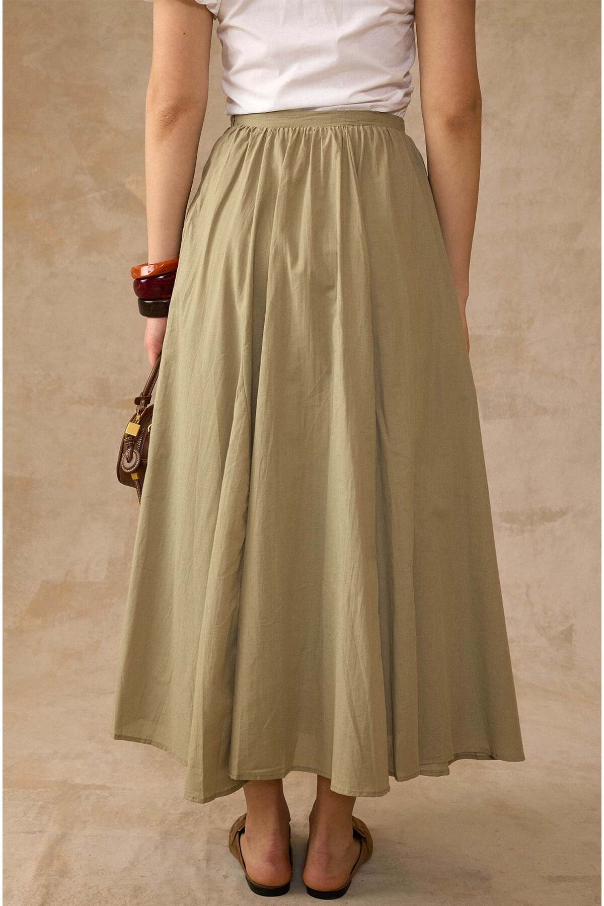 Olcay  Beli Büzgülü Poplin Kloş Etek HAKİ 7072 - Görsel 6
