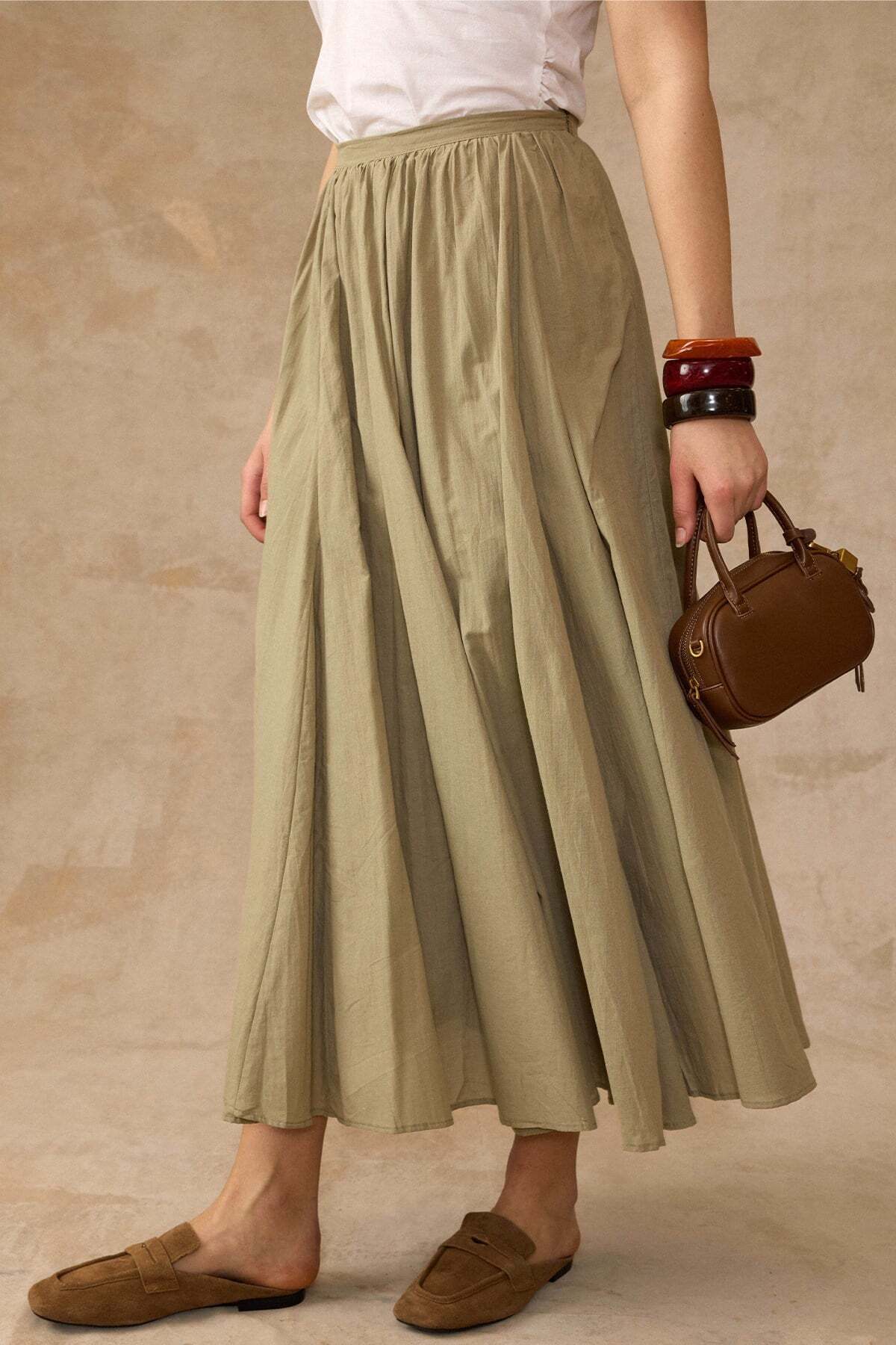 Olcay  Beli Büzgülü Poplin Kloş Etek HAKİ 7072 - Görsel 2