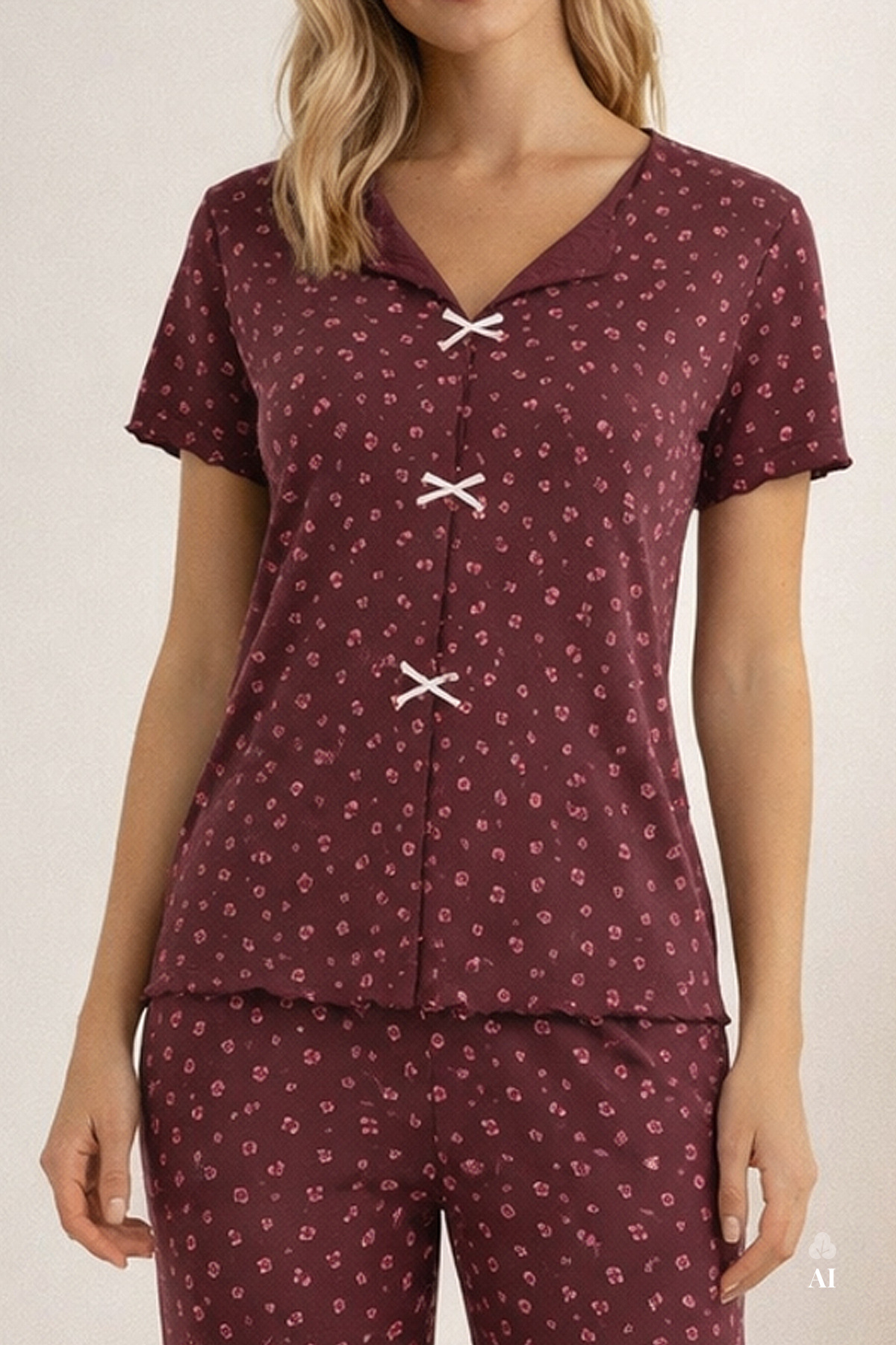 koza iç giyim Kadın Kısa Kollu Fiyonklu Fitilli Pijama Takımı görsel 2