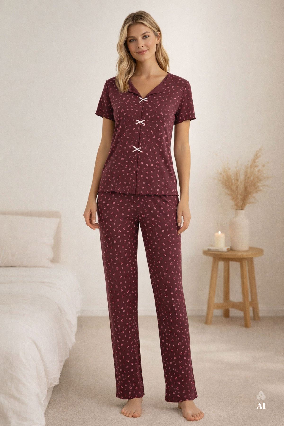 koza iç giyim Kadın Kısa Kollu Fiyonklu Fitilli Pijama Takımı