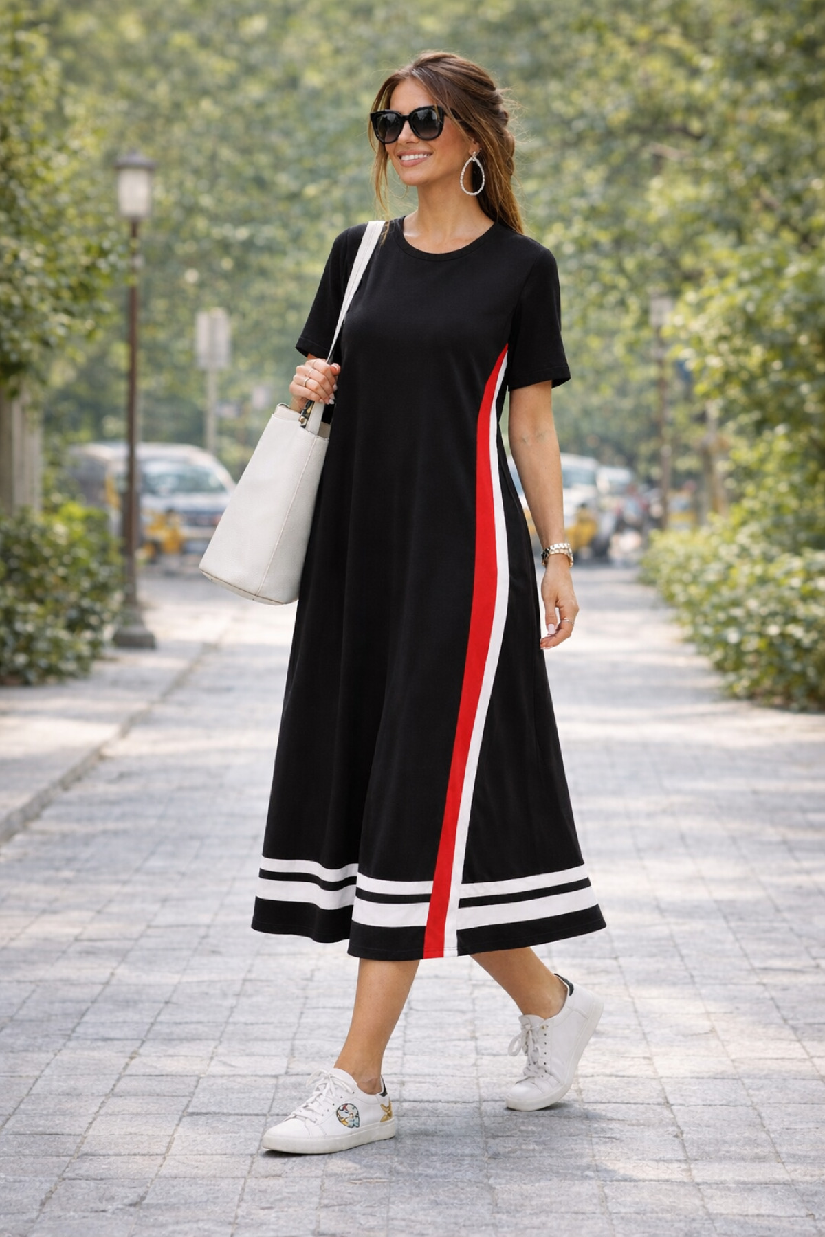 DRESSIFY WOMEN’S FASHION  Kadın Kısa Kollu Bisiklet Yaka Yan Şerit Detaylı Midi Viskon Elbise, Günlük-Yazlık Elbise