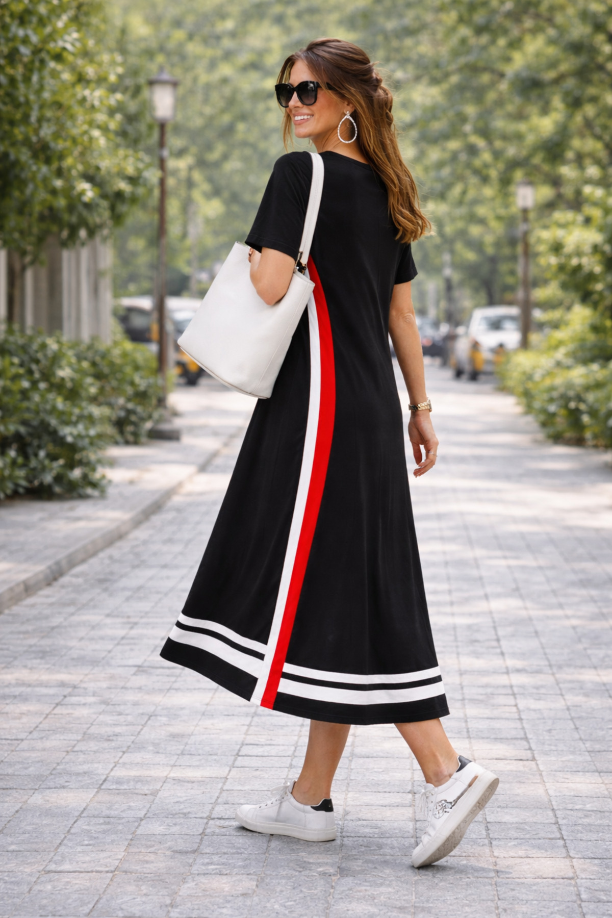 DRESSIFY WOMEN’S FASHION  Kadın Kısa Kollu Bisiklet Yaka Yan Şerit Detaylı Midi Viskon Elbise, Günlük-Yazlık Elbise - Görsel 2