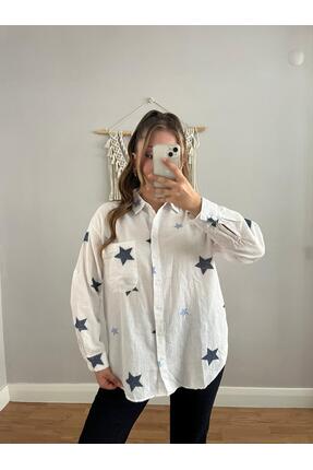 NEŞEM STİLL Kadın Yıldızlı Keten Oversize Gömlek