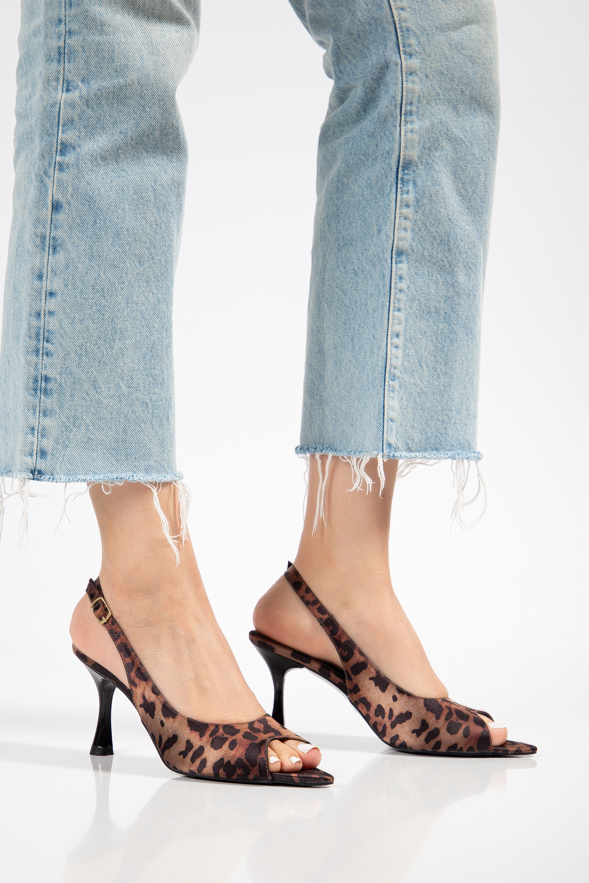Mia Leopard Satin Pointed Toe Open Front Thin Heels Women's Shoes