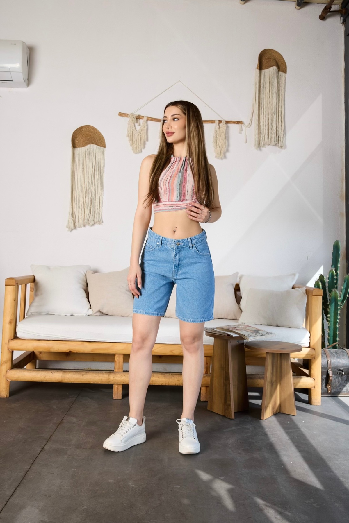 Kadın Yüksek Bel Cepli Denim Şort MAVİ 7