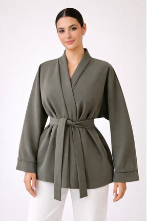 Glowear Atelier Haki Modal Kumaş Soft Touch Premium Kuşaklı Kimono Ceket