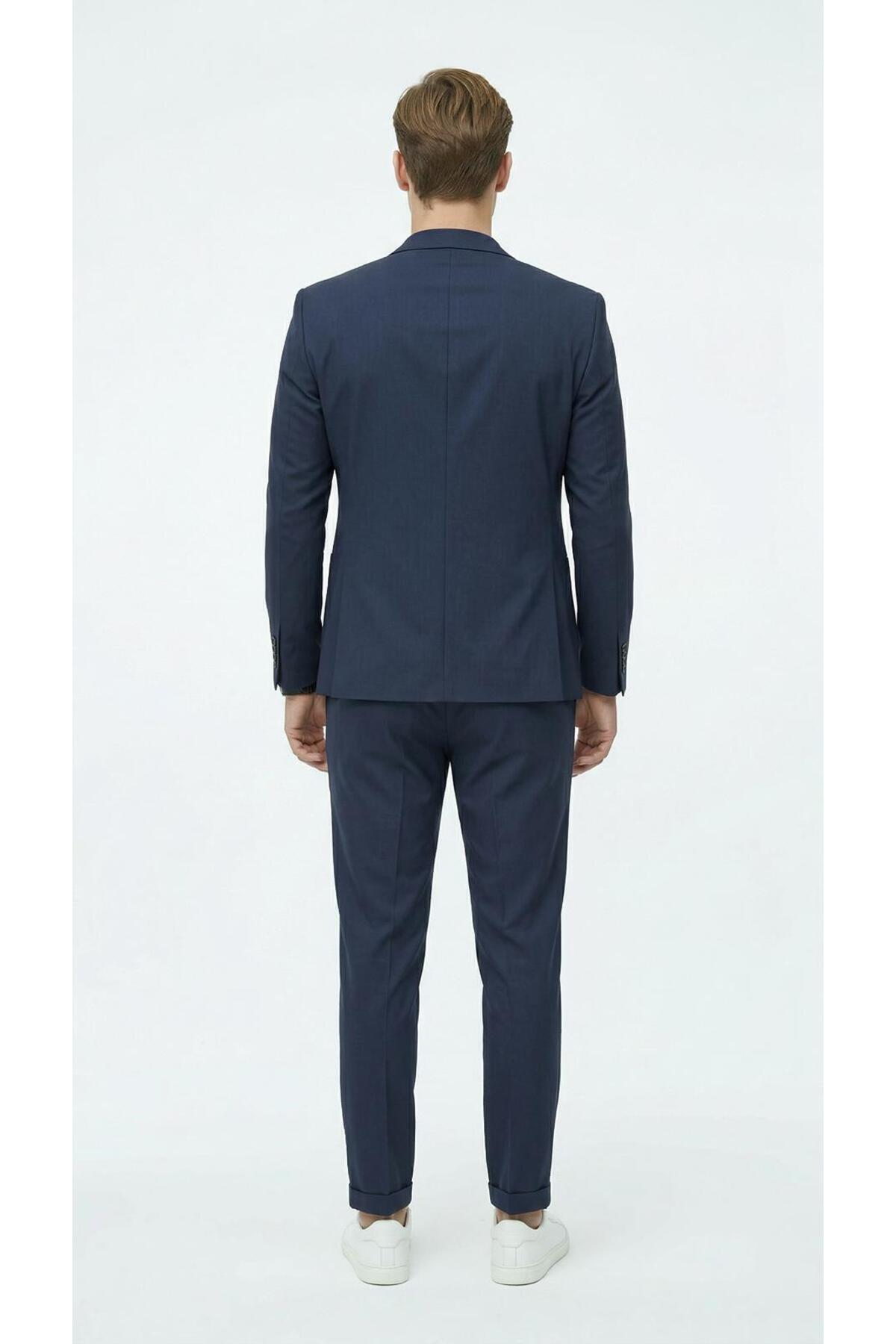 Erkek Tek Düğme Takım Elbise Jogger Pantolon Lastikli Bağcıklı Duble Paça Çift Yırtmaçlı — سرمه‌ای TK6885 — تصویر 3 از 6