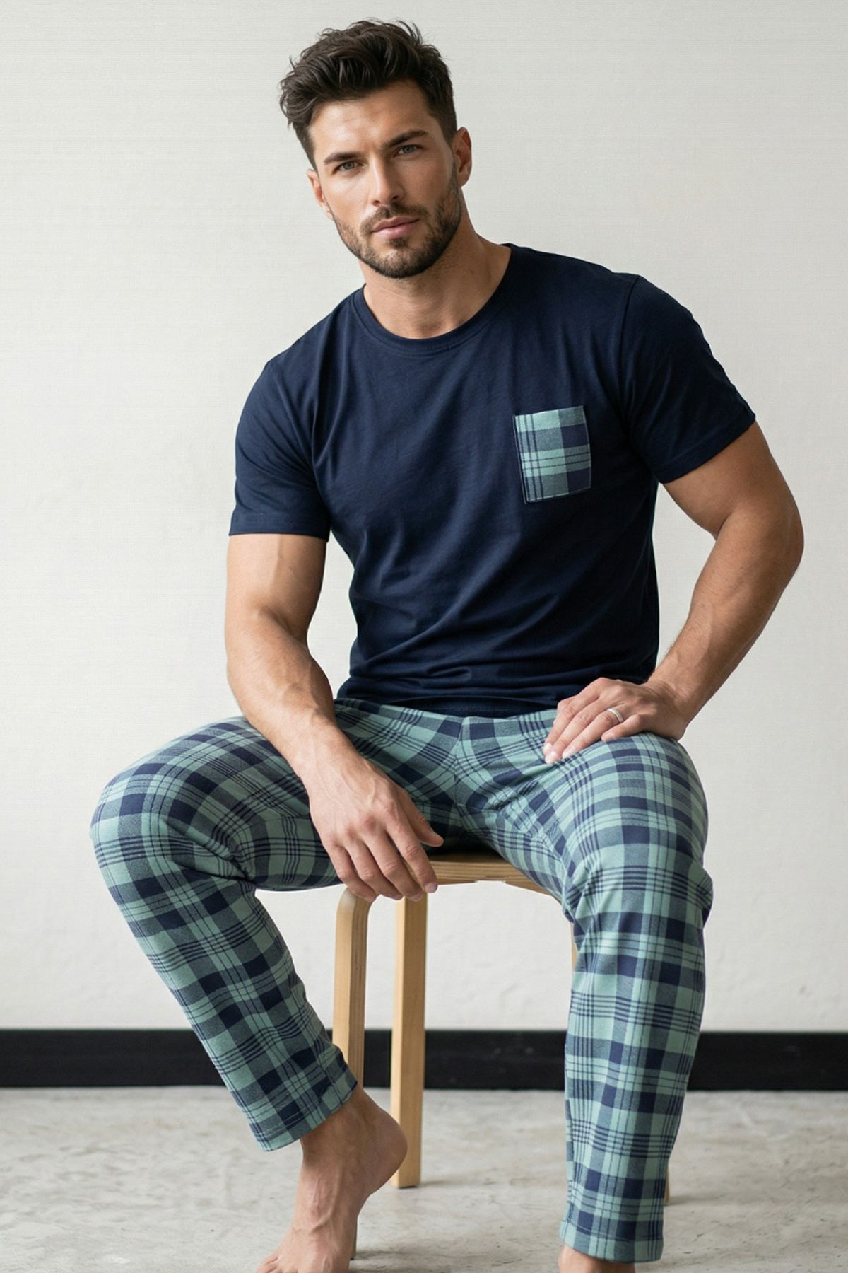 Siyah İnci lacivert yeşil Ekose Desenli cep nakışlı Örme Kısa Kollu Pijama Takım 8000