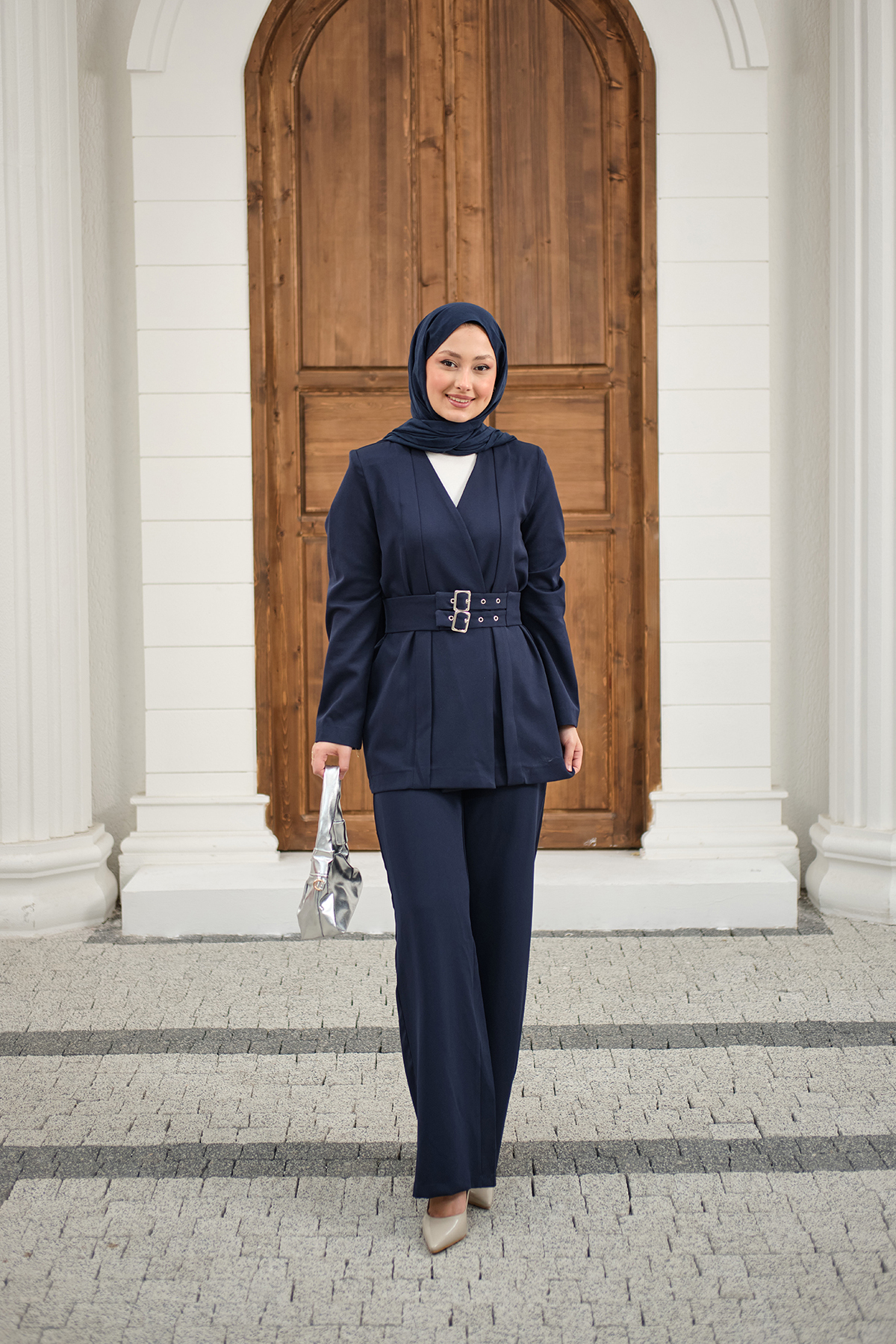 Women's Double Belted Jacketed Set Navy Blue