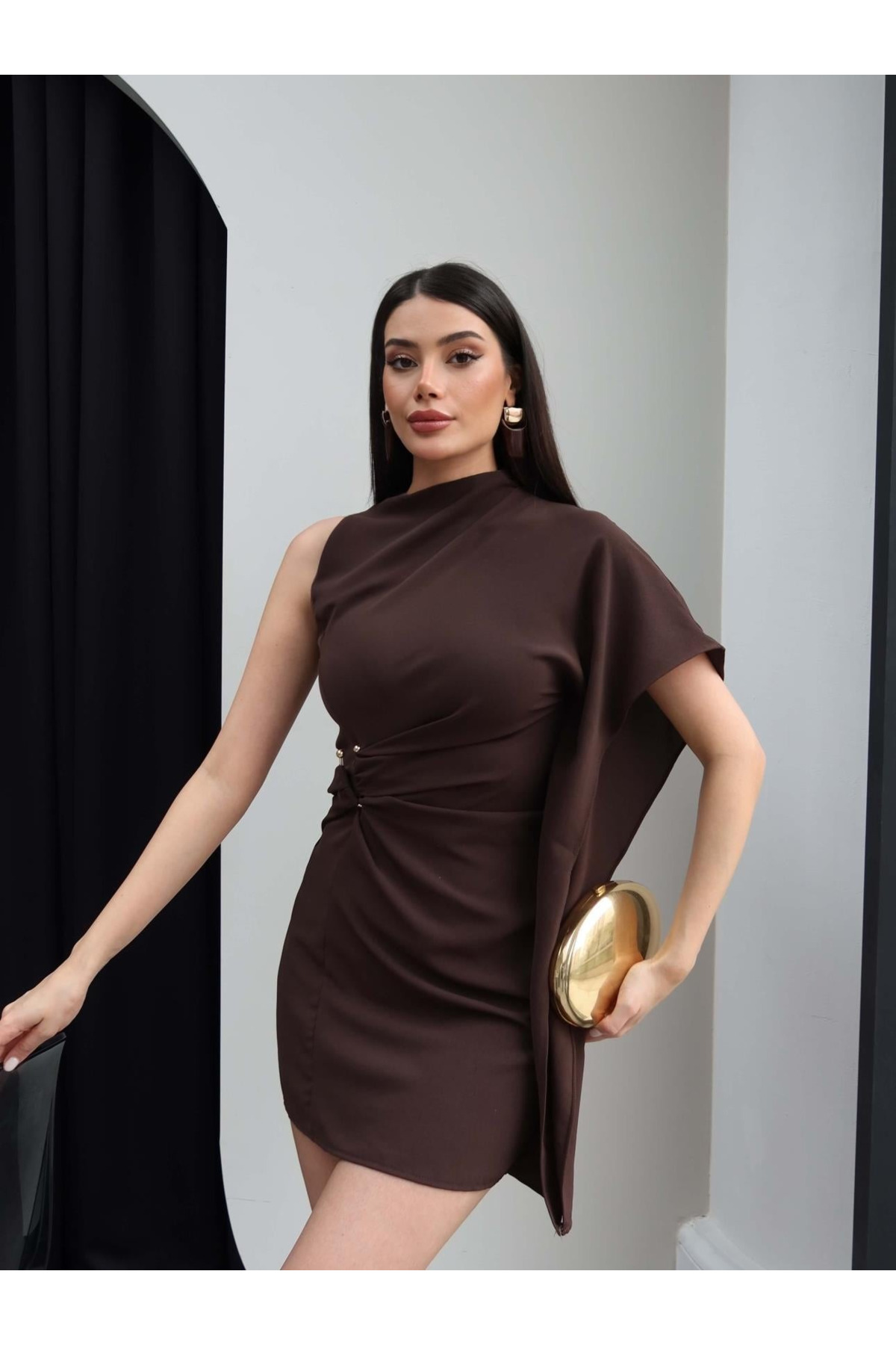 My Blog Brown Buckle Detailed One-Sleeve Draped Mini Dress