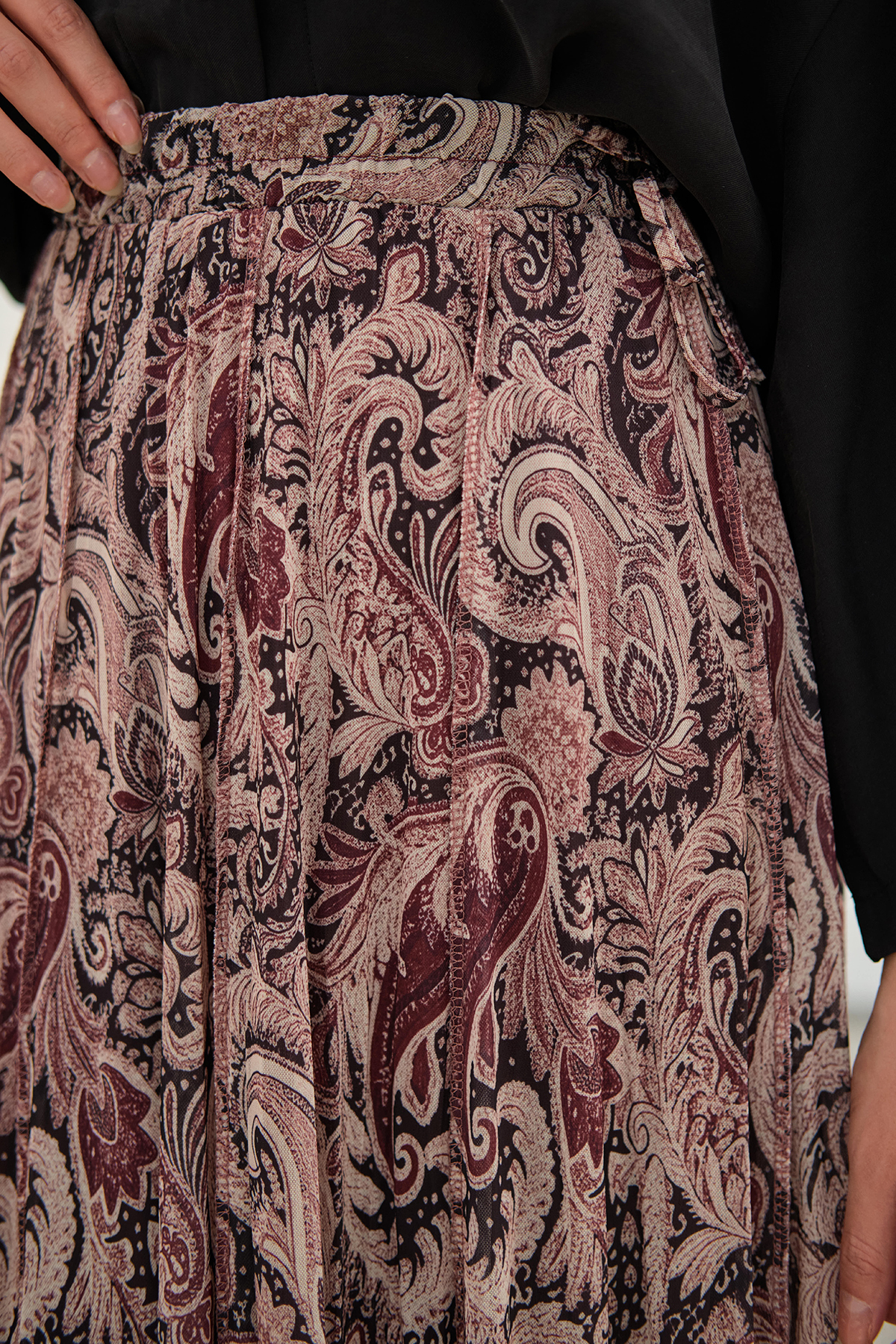 LOCCO  Kadın Asimetrik Kesim Etnik Desenli Şifon Etek Mürdüm - Görsel 6