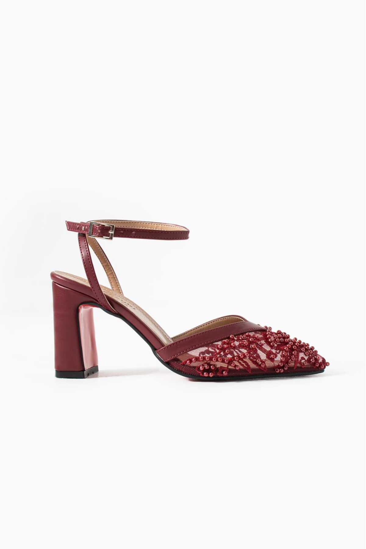 Shoes Yeni Sezon Stiletto Boncuklu bordo cilt Topuk 9CM görsel 4