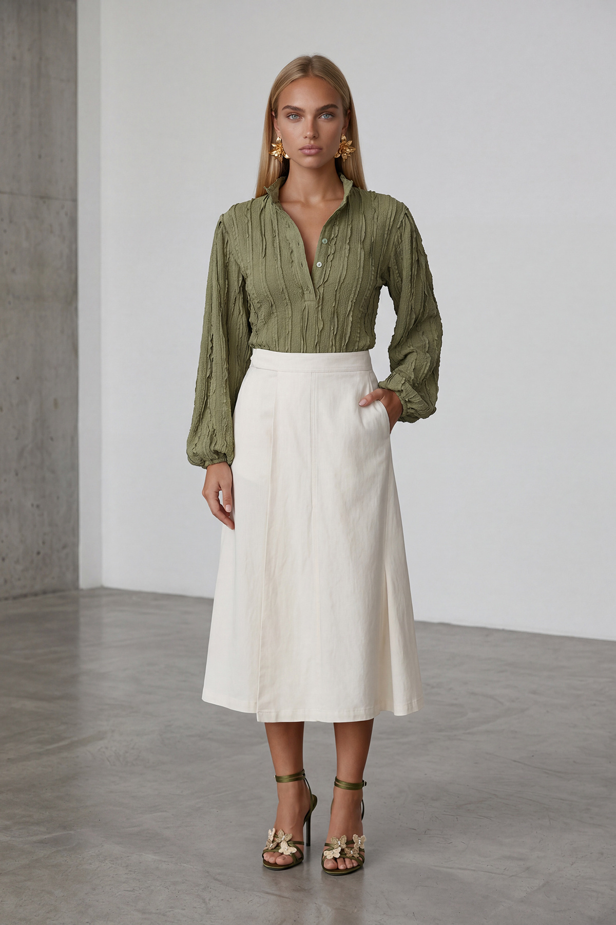 Trend Alaçatı Stili  Haki Hakim Yaka Önü Düğmeli Balon Kol Fırfır Kumaş Gömlek Bluz ALC-X15405 - Görsel 4