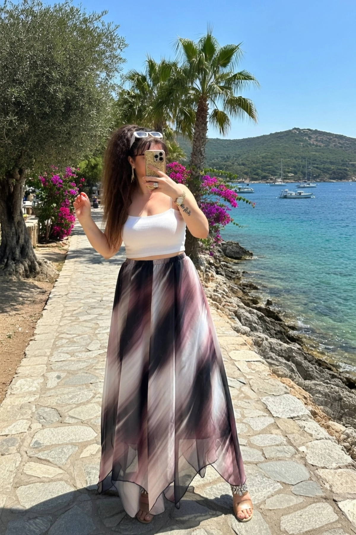 AZRA BUTİK Eteği Çapraz Beyaz Desen Şifon Etek görsel 2