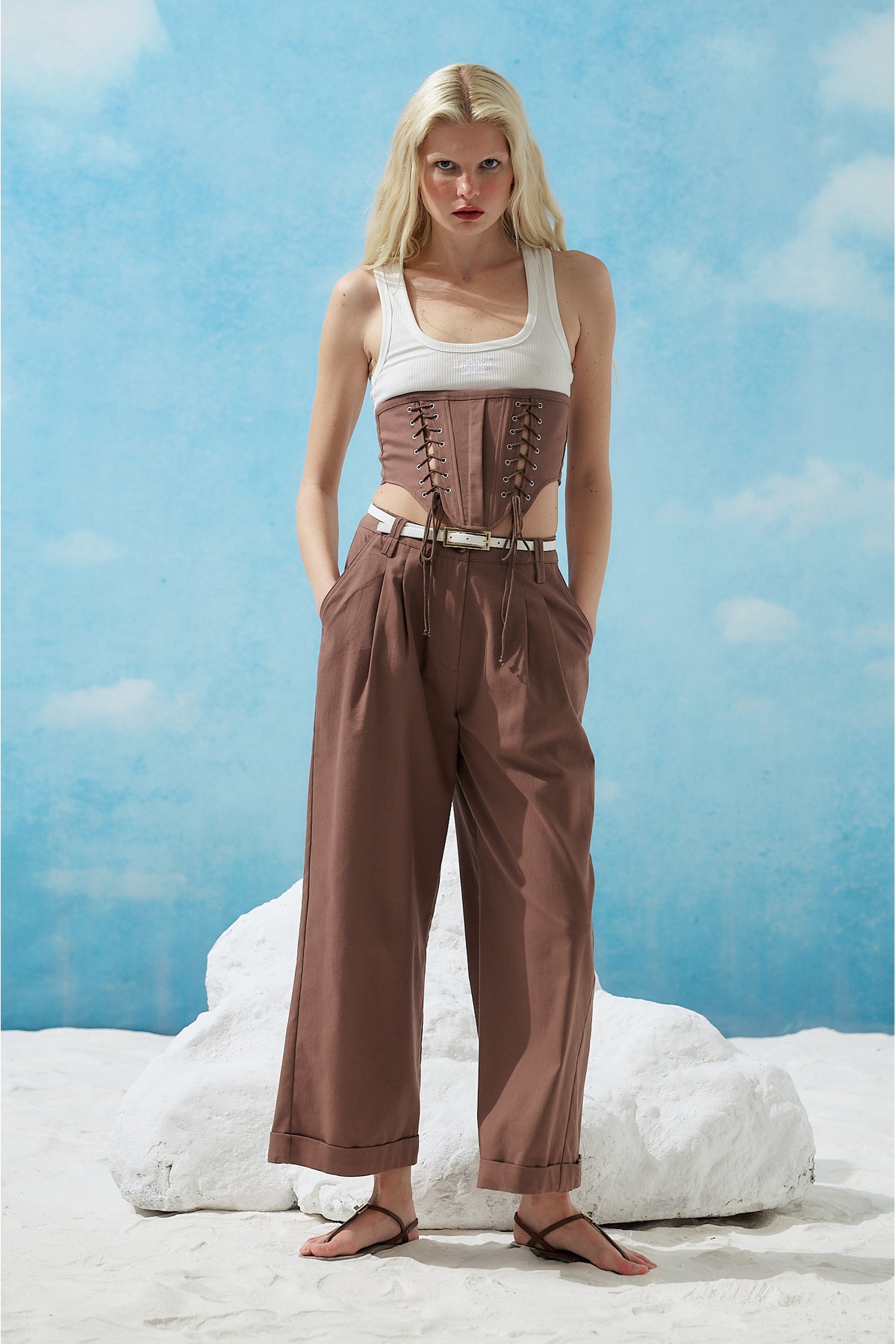 SS6153 Belted Pocket Detailed Wide Pants