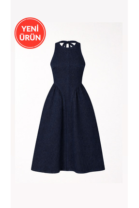 Perryes Kadın Vintage Açık Sırt Bel Oturtmalı Jean Elbise Lacivert