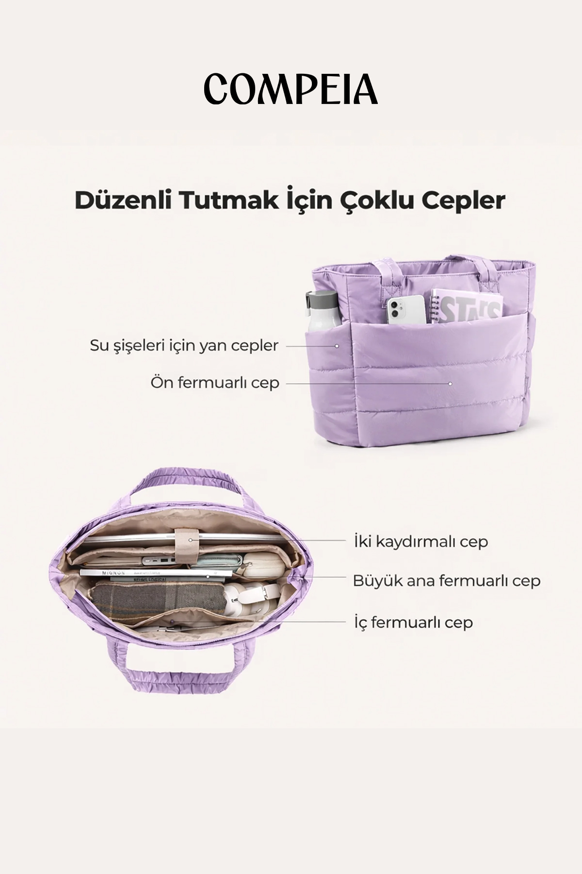 Compeia Kadın Lavanta Puffy Tote Bag Kabarık Kapitone Omuz Çantası Çok Bölmeli Günlük Seyahat ve El Çantası görsel 5