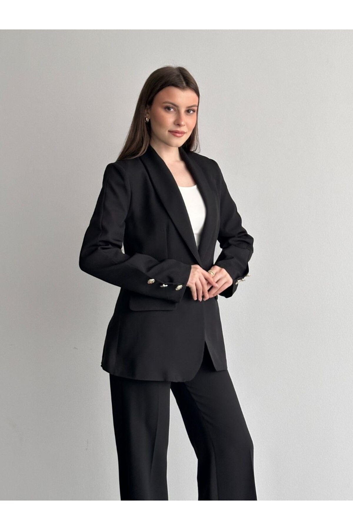 moda çağdaş Gold Button Premium Cut Blazer and Trousers Set