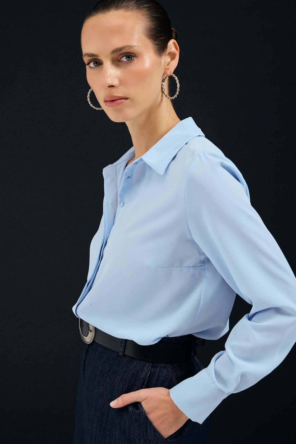 Sateen  Klasik Düz Gömlek - Mavi - Görsel 6