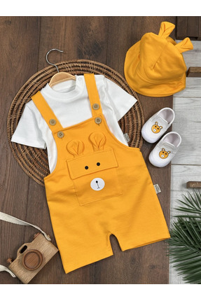 Bolly Baby Patikli Safari Şapkalı Kulaklı Ayıcık Baskılı Badili Yazlık 4lü Sa...