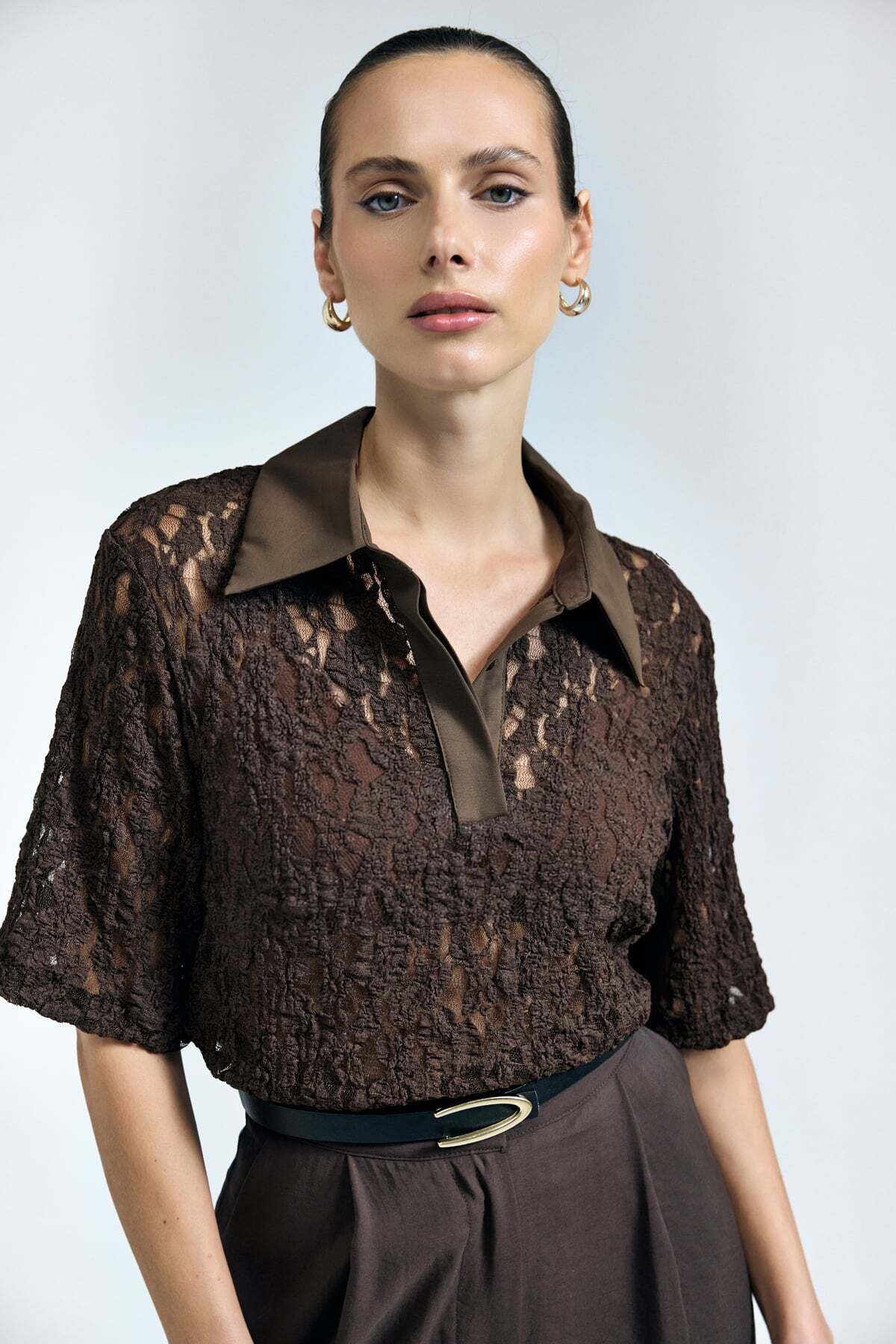 Sateen  Dantel Bluz - Kahve - Görsel 6