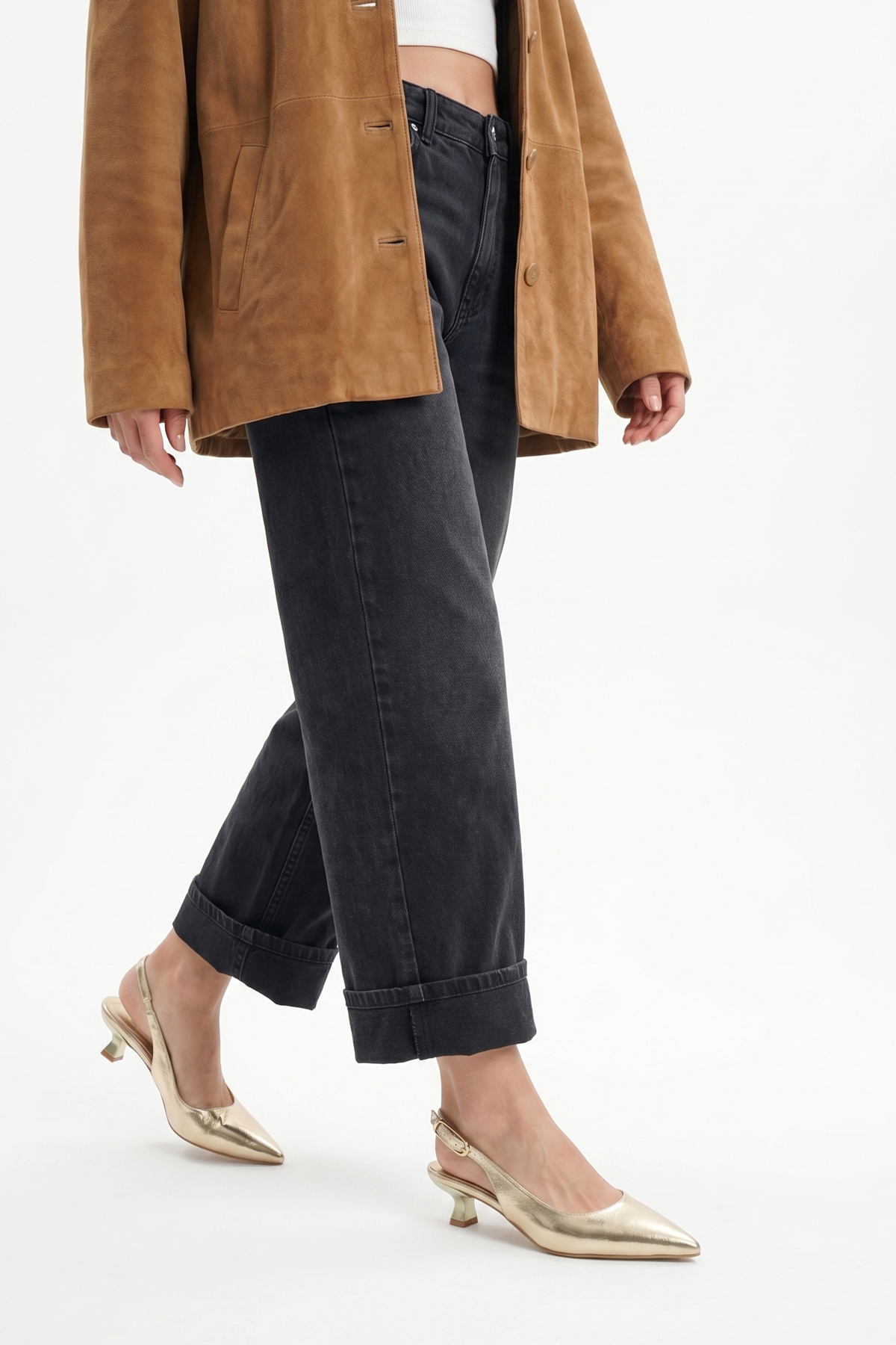 Cavelle  Gold Tokalı Altın Rugan Sivri Burun Slingback İnce Topuklu Ayakkabı - Görsel 4