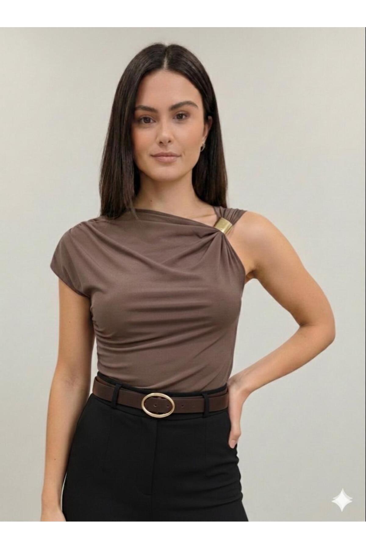 Shirred Shoulder Buckle Detailed Blouse Sendy Fabric
