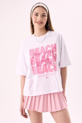 CrepTekstil Crep Kadın Beach Yazı Baskılı Bisiklet Yaka Kısa Kollu T-Shirt – ...