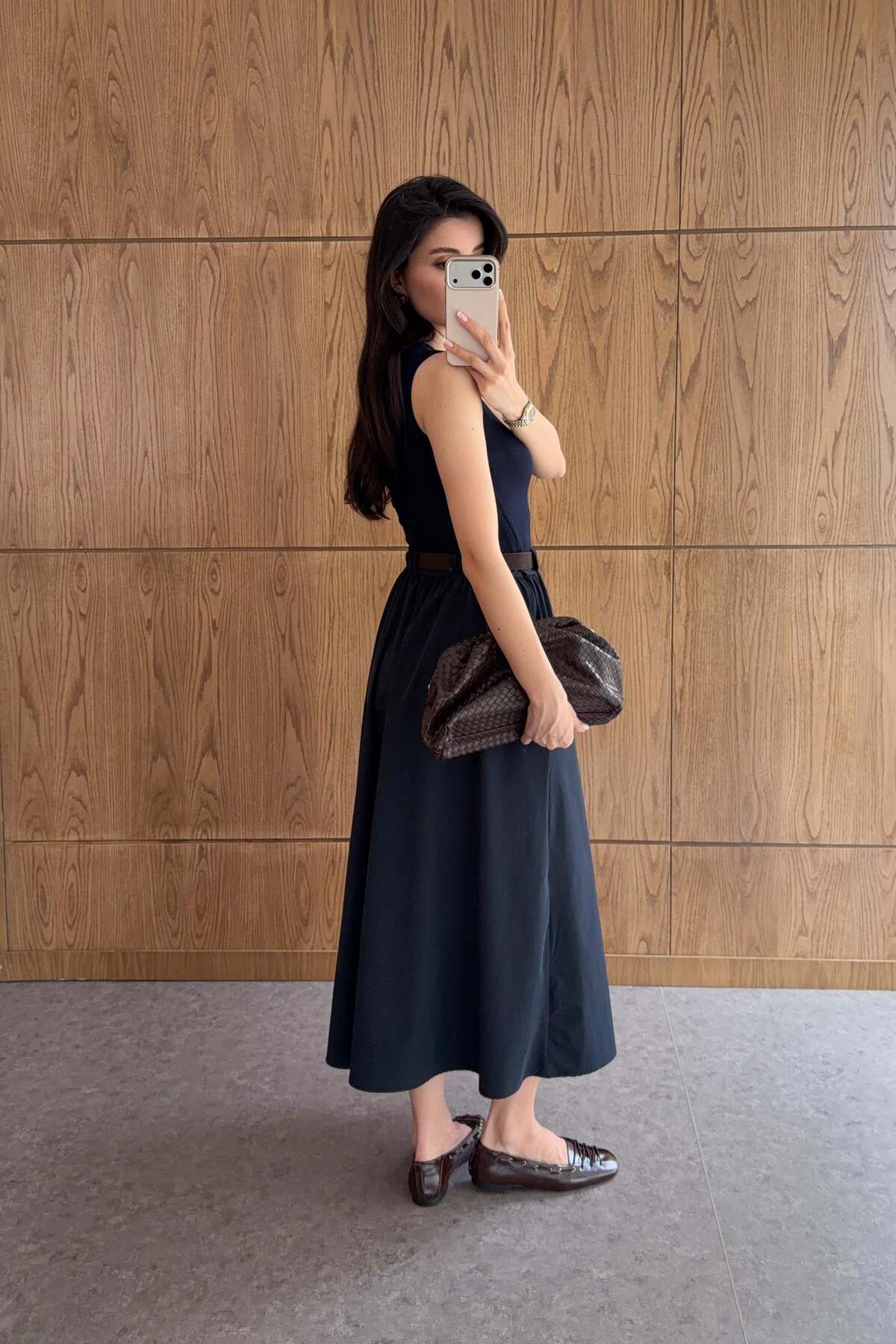 HAZELANNA  Kemer Detaylı Lacivert Elbise - Görsel 3