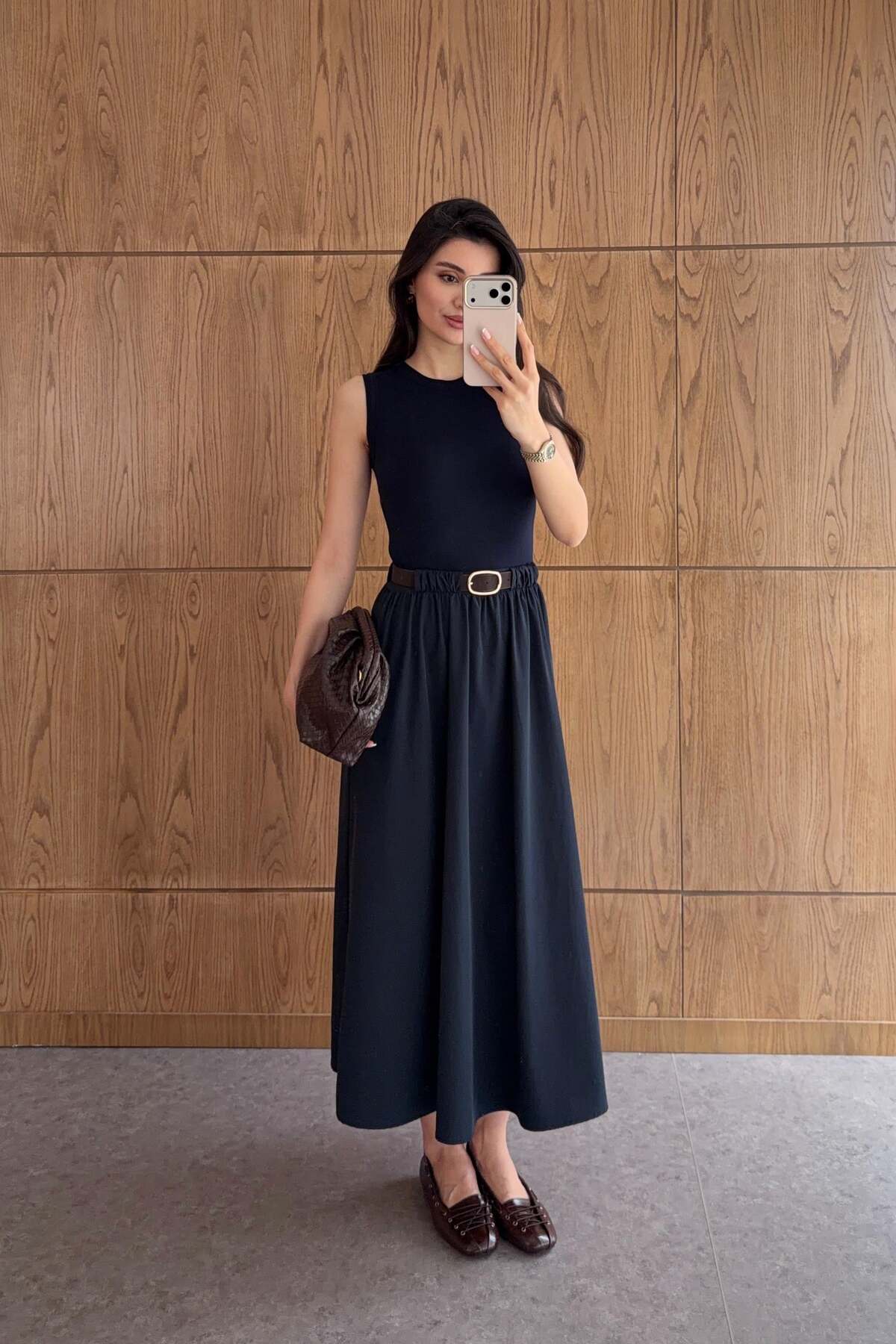 HAZELANNA  Kemer Detaylı Lacivert Elbise - Görsel 2