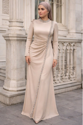 VİBRANTTEKSTİL BÜYÜK BEDEN TESETTÜR KADIN ABİYE DRAPE VE TAŞ İŞLEME DETAYLI Ş...