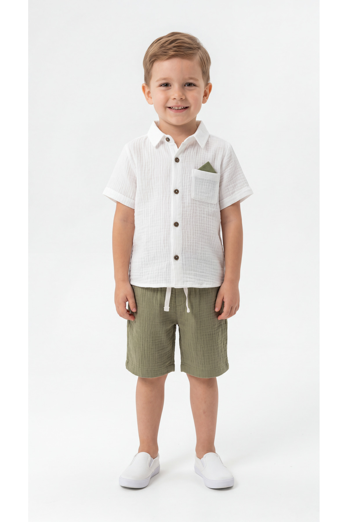 Pocket Detailed Buttoned Short Sleeve Boys' Shirt & Shorts Set