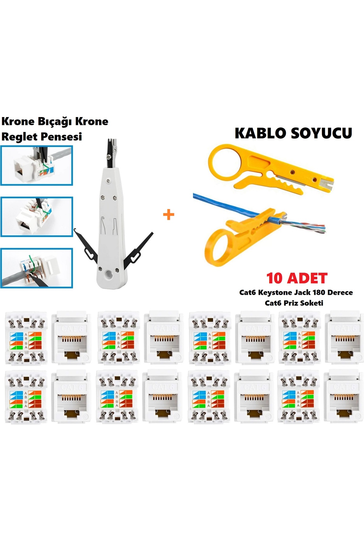 10 Adet Cat6 Keystone Jack 180 Derece Dişi Soket Priz Krone Bıçağı Krone Reglet Pensesi Kablo Soyucu