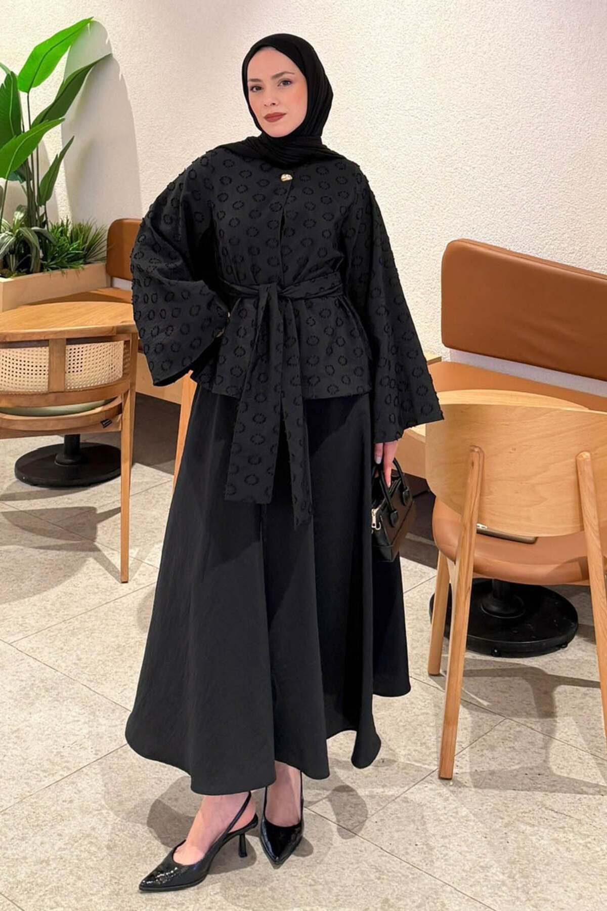 Lamelif Belt Detailed Blouse-Skirt Set Black