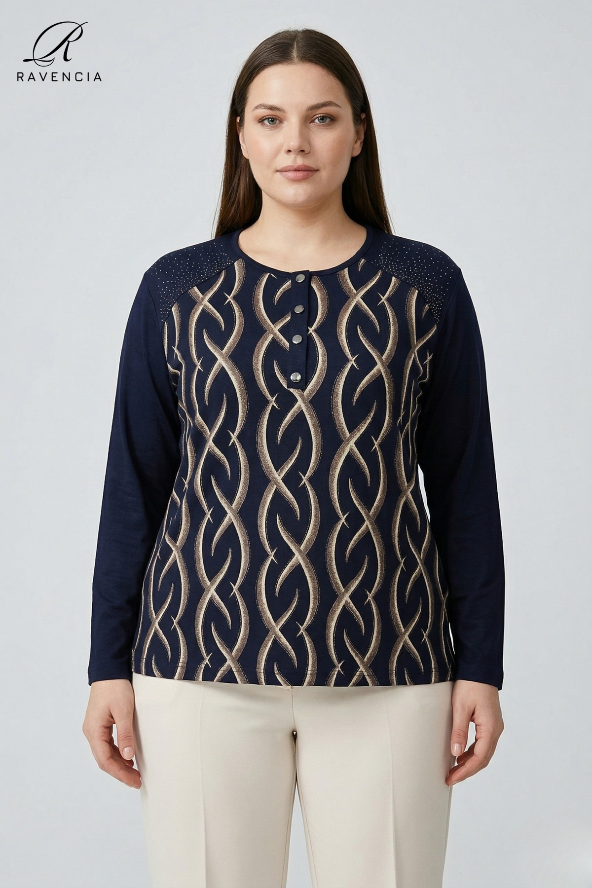 Ravencia Women's Stripe Patterned Printed Lycra Blouse with Stones