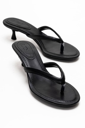 Lizy Shoes Kadın Siyah Hakiki Deri Parmak Arası Terlik Topuklu Şık Günlük Yaz...