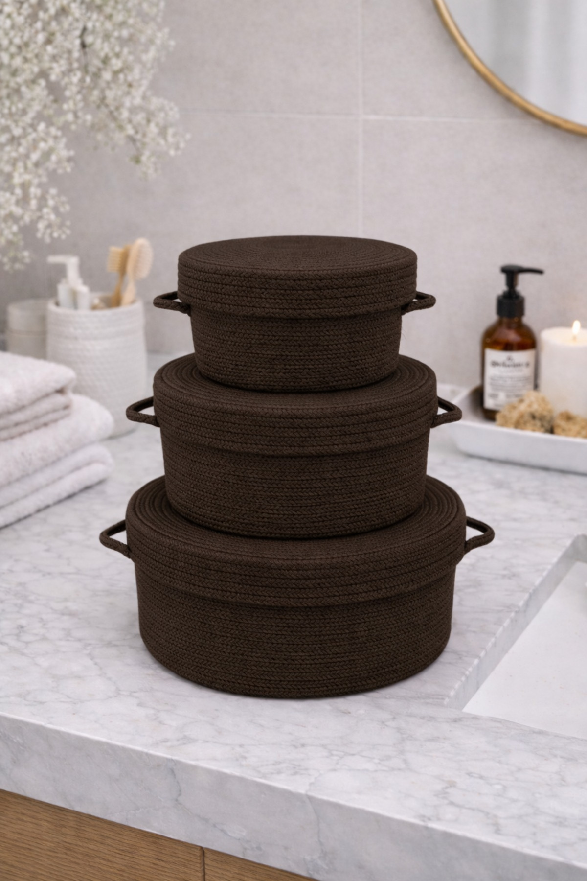 Mira 3-Piece Rope Basket Set Decorative Organizer with Lid Large Medium Small Size