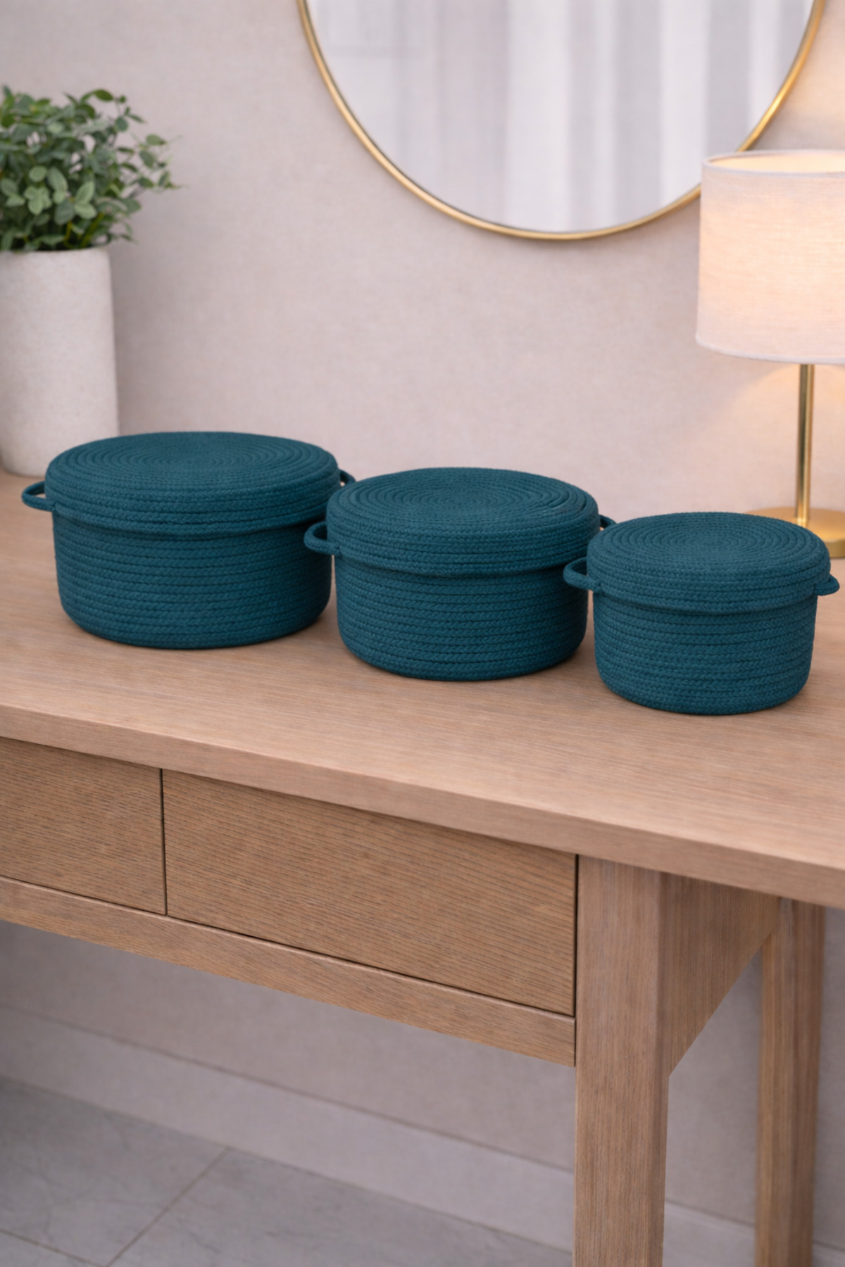 Mira 3-Piece Rope Basket Set Decorative Organizer with Lid Large Medium Small Size