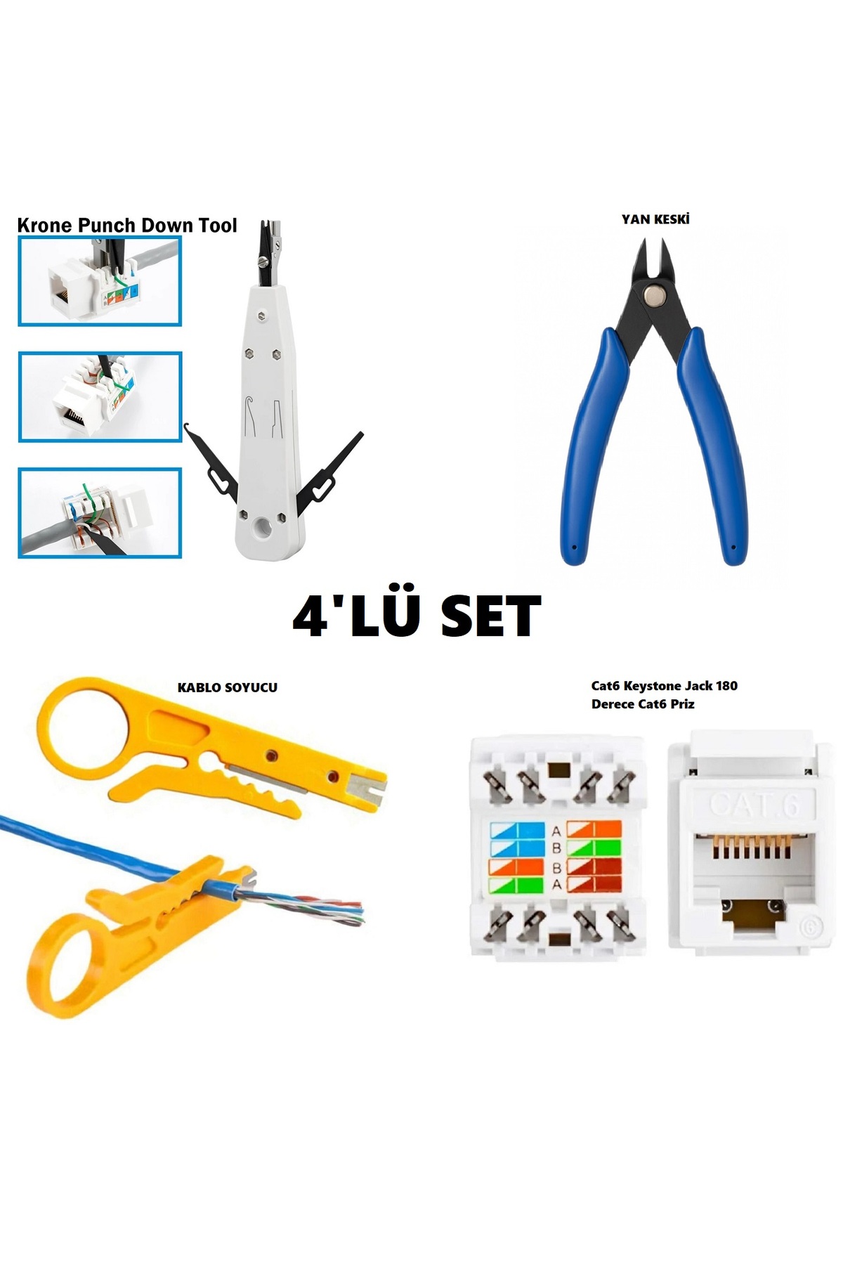 Krone Bıçağı Kep Kep + Cat6 Keystone Jak 180 Derece + Elektronik Yan Keski + Kablo Soyucu Sarı