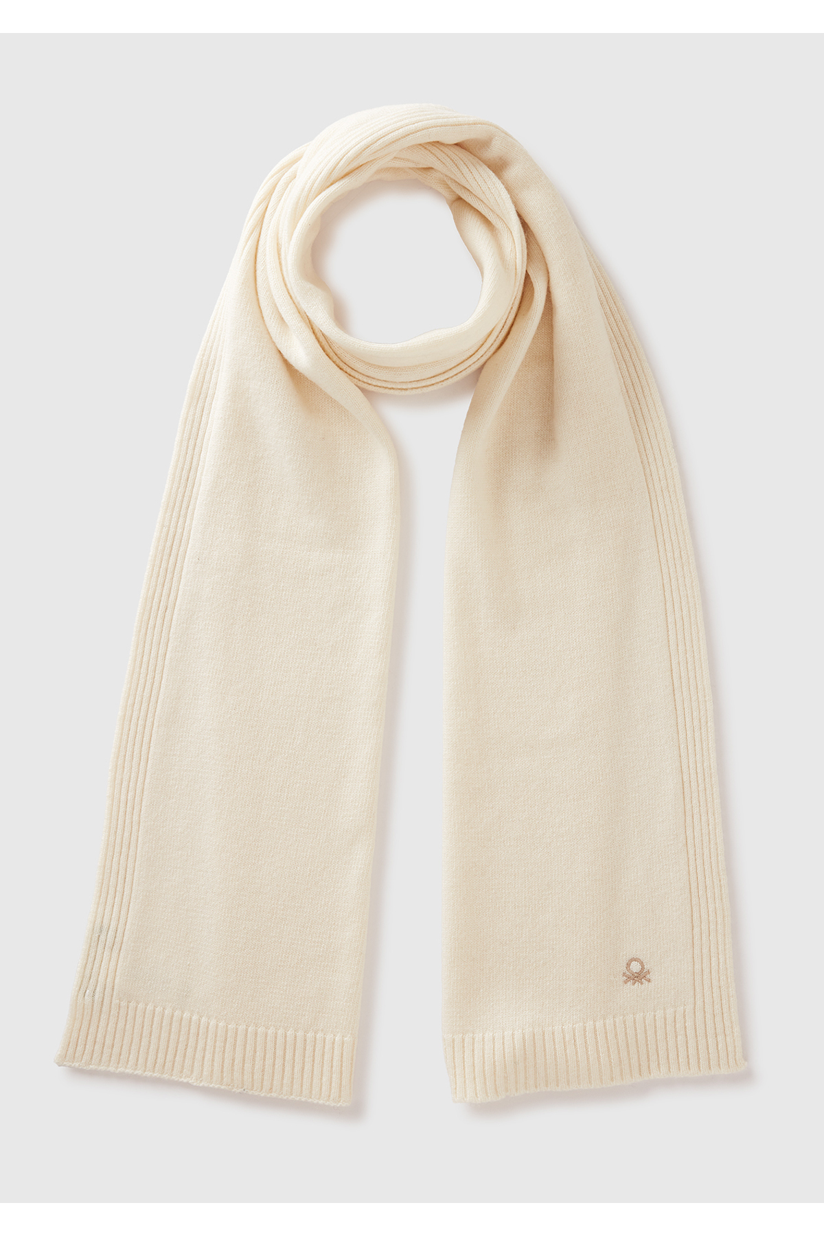 United Colors of Benetton Kadın Krem Yün ve Kaşmir Karışımlı Logo Detaylı Ribanalı Atkı