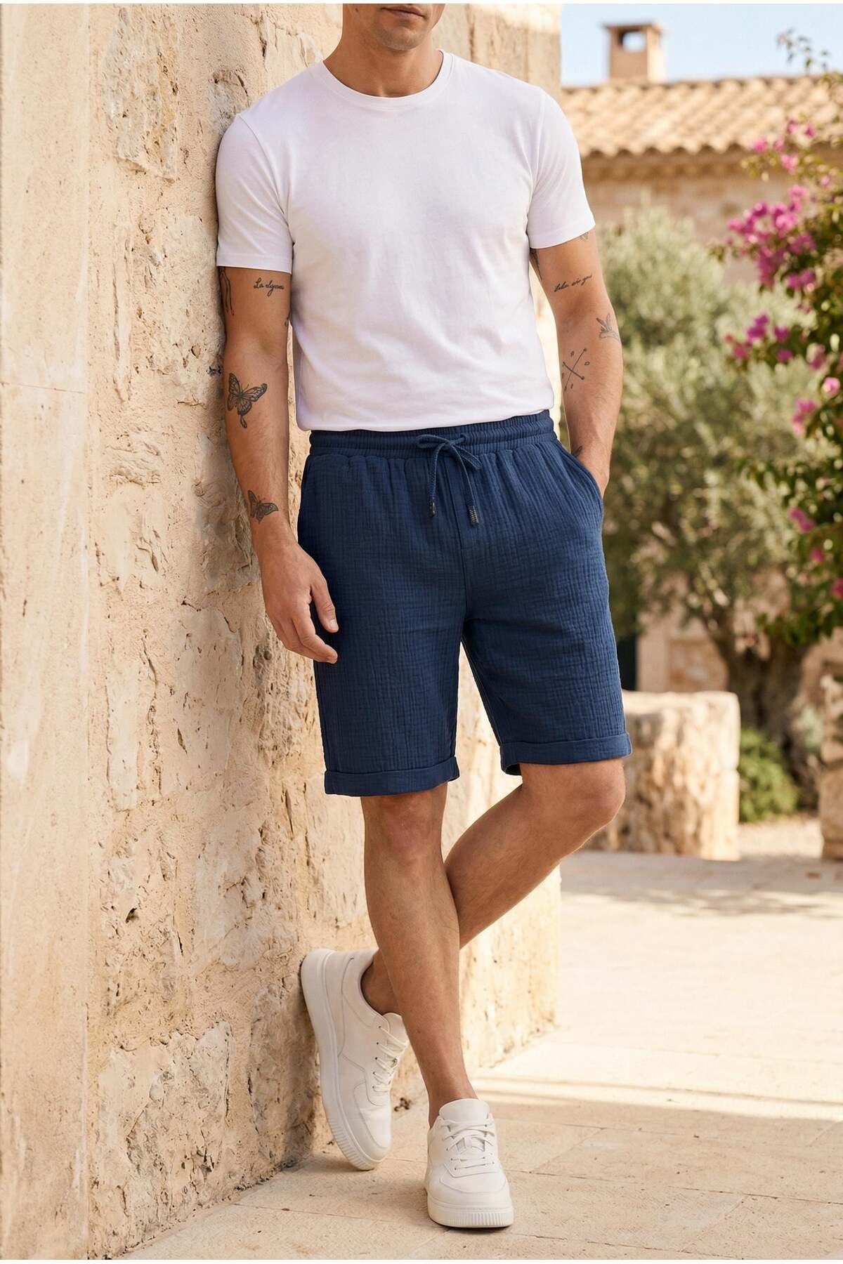 Light and Comfortable Double Leg Muslin Men's Shorts - Navy