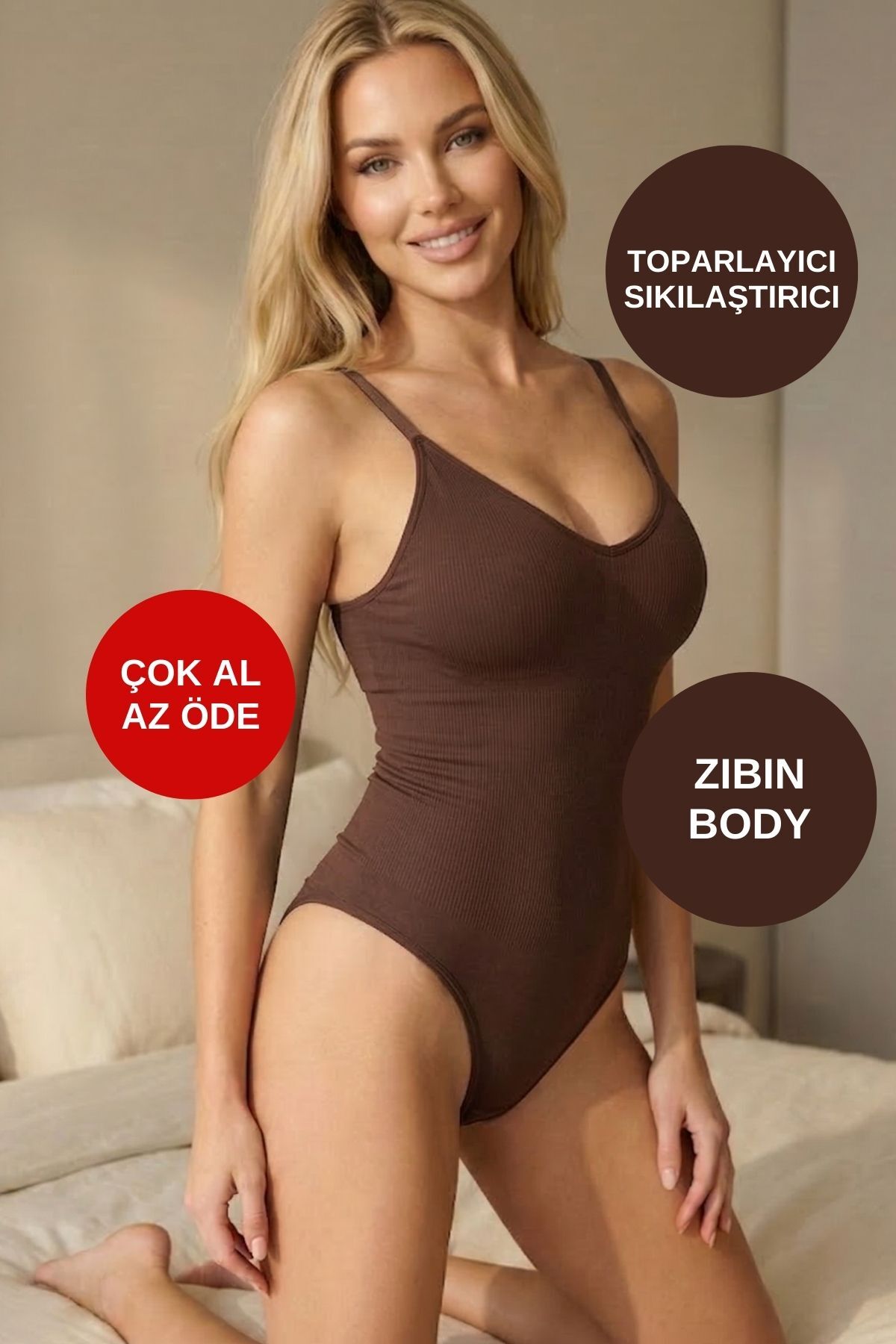 ALEXANDER HUD Kadın Sıkılaştırıcı Body Korse Kahverengi Çıtçıtlı Toparlayıcı Askılı Şekillendirici Zıbın İç Giyim