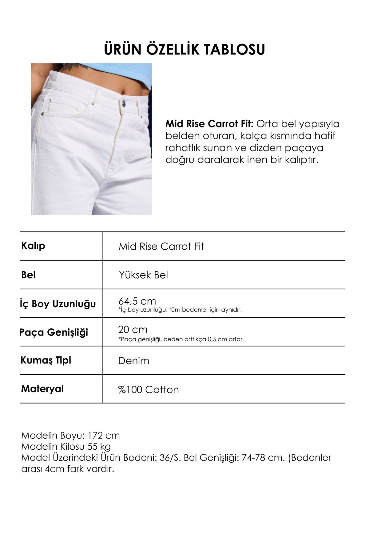 it's basic  Kadın Kırık Beyaz Venüs 7s6-101 Mid Rise Carrot Fit %100 Koton Denim Jean - Görsel 6