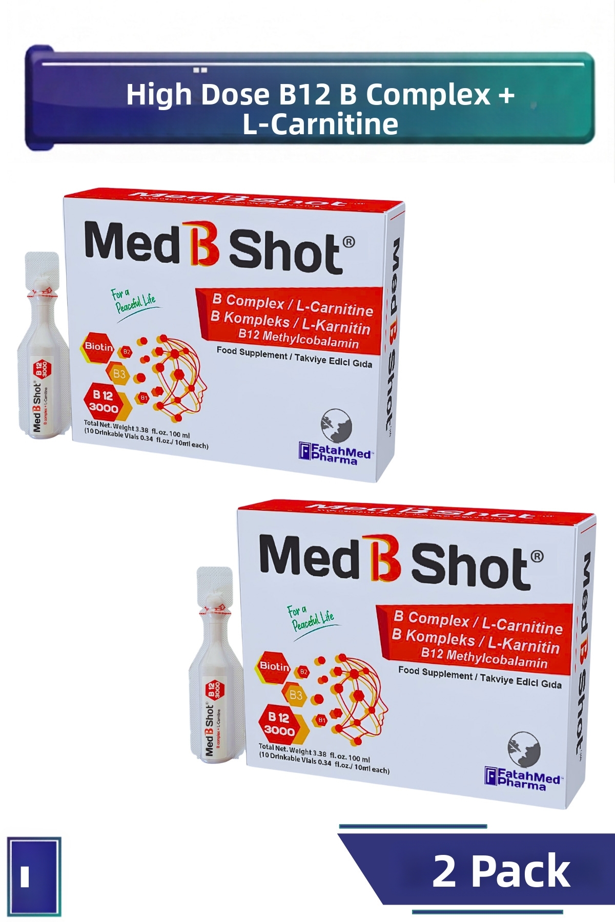 MED B SHOT Vitamin B12 Methylcobalamin 3000 Mcg, B1, B2, B3, B5, B6,  Biotin, L Carnitine Energy Complex 2-Pack Advantage- Trendyol