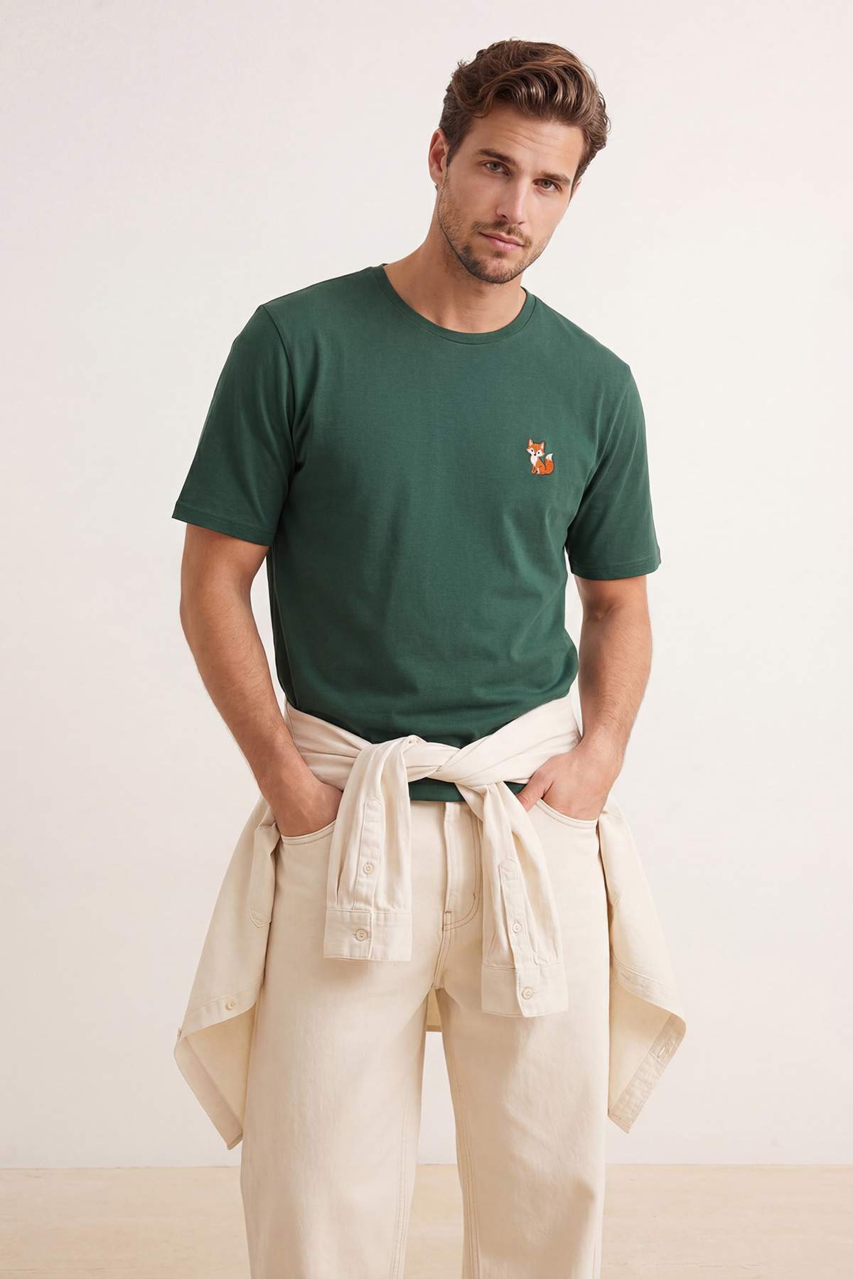 Trendyolmilla  Haki Oversize/Geniş Kesim Tilki Nakışlı %100 Pamuk T-Shirt TMNSS26TS00047 - Görsel 2