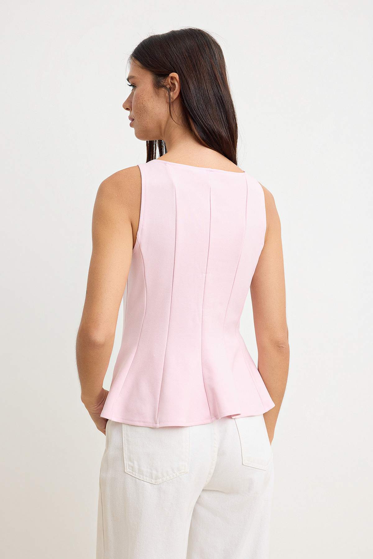 Trendyolmilla  Pembe Peplum/Belden Oturmalı Kayık Yaka Esnek Örme Bluz TWOAW26BZ00229 - Görsel 4