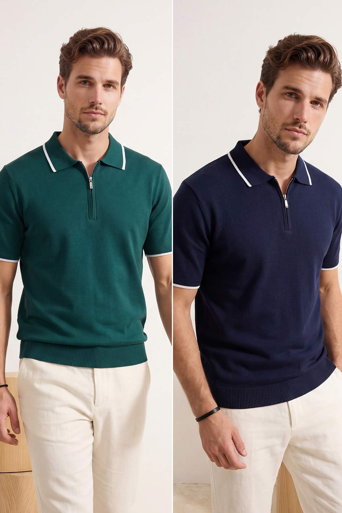 Trendyolmilla Man Lacivert-Yeşil 2'li Paket Regular Kesim Yaka ve Kol Çizgili Triko Polo Yaka T-shirt TMNSS26PO00026